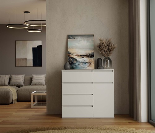 Komoda Malwa 1D5S jednodrzwiowa z 5 szufladami do salonu 100 cm biały