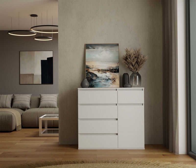 Komoda Malwa 1D5S jednodrzwiowa z 5 szufladami do salonu 100 cm biały