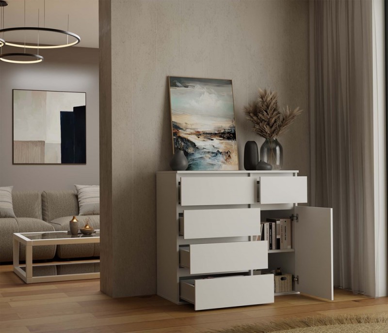 Komoda Malwa 1D5S jednodrzwiowa z 5 szufladami do salonu 100 cm biały