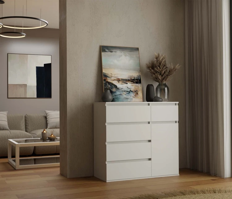 Komoda Malwa 1D5S jednodrzwiowa z 5 szufladami do salonu 100 cm biały