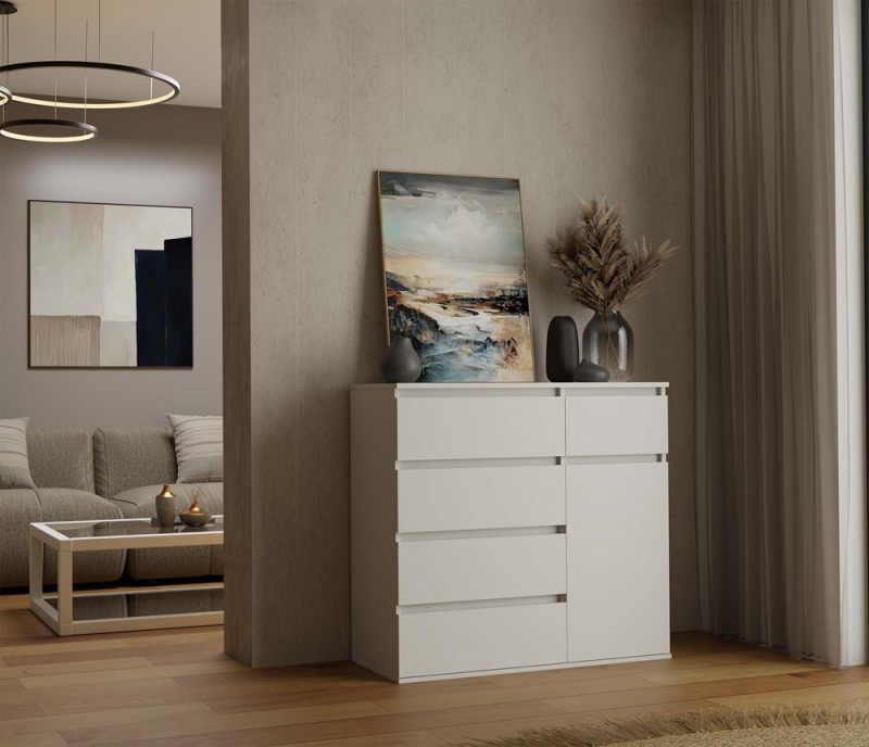 Komoda Malwa 1D5S jednodrzwiowa z 5 szufladami do salonu 100 cm biały