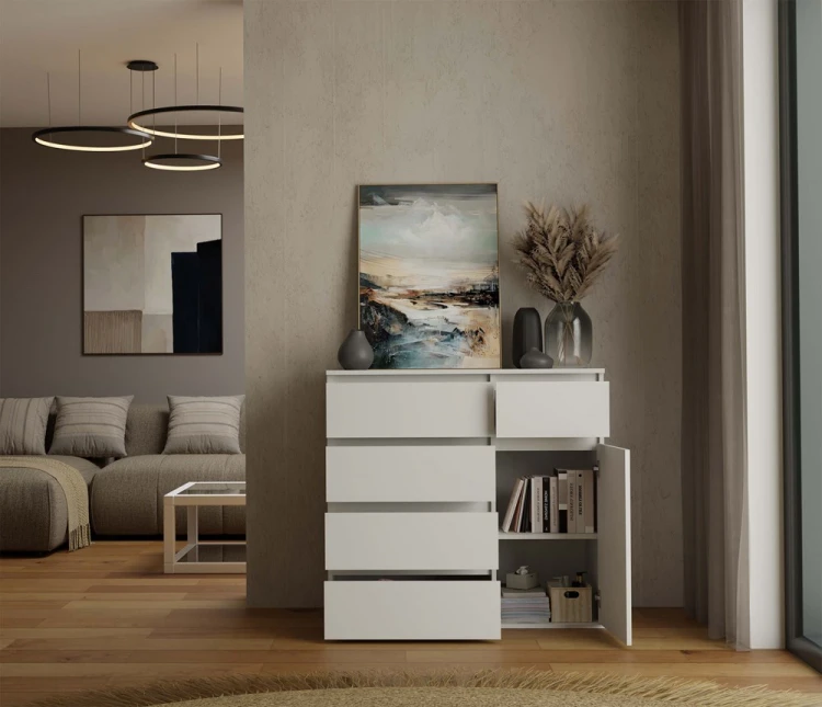Komoda Malwa 1D5S jednodrzwiowa z 5 szufladami do salonu 100 cm biały