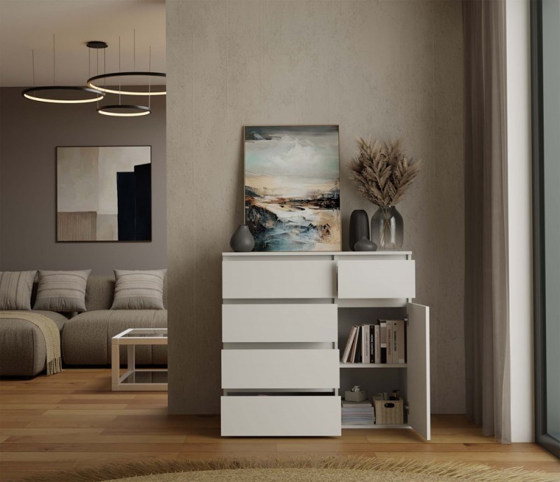 Komoda Malwa 1D5S jednodrzwiowa z 5 szufladami do salonu 100 cm biały