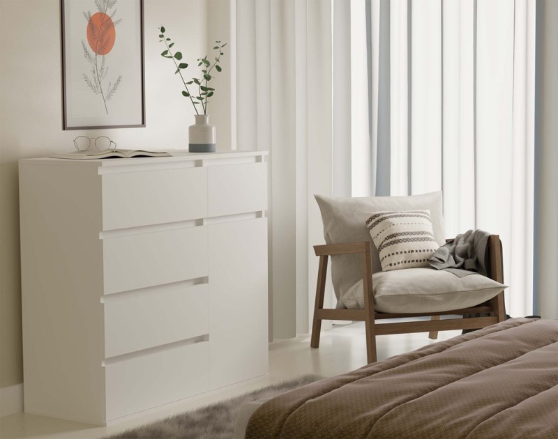 Komoda Malwa 1D5S jednodrzwiowa z 5 szufladami do salonu 100 cm biały