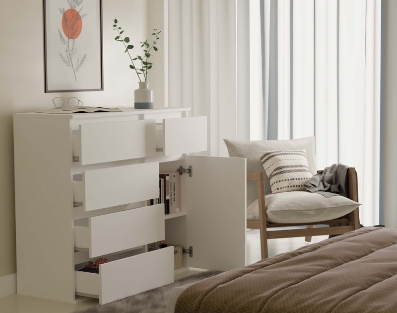 Komoda Malwa 1D5S jednodrzwiowa z 5 szufladami do salonu 100 cm biały