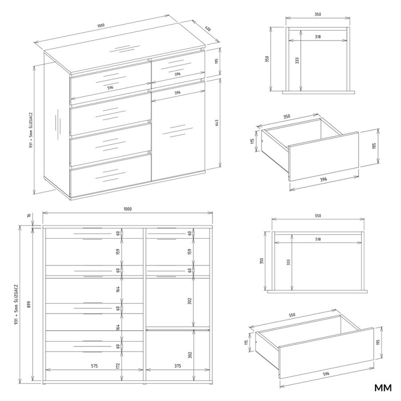 Komoda Malwa 1D5S jednodrzwiowa z 5 szufladami do salonu 100 cm biały