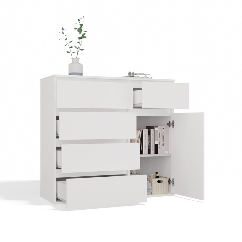 Komoda Malwa 1D5S jednodrzwiowa z 5 szufladami do salonu 100 cm biały