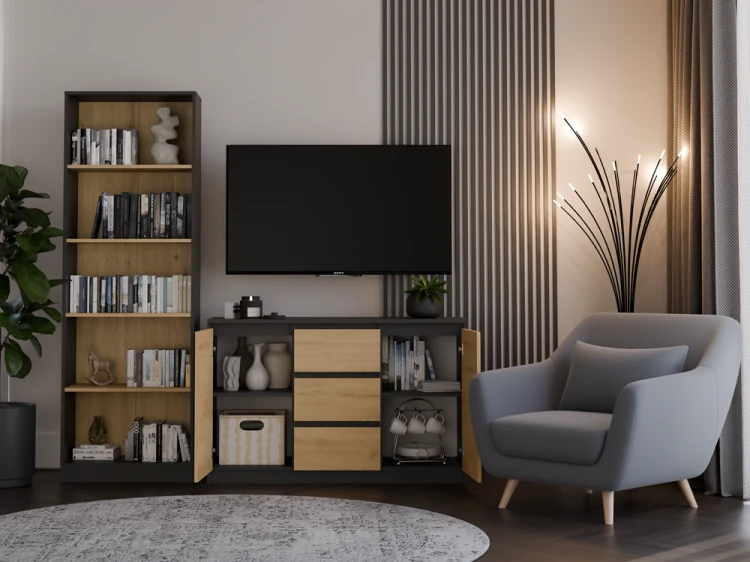Komoda Malwa 2D3S dwudrzwiowa z 3 szufladami do salonu 120 cm antracyt/dąb artisan