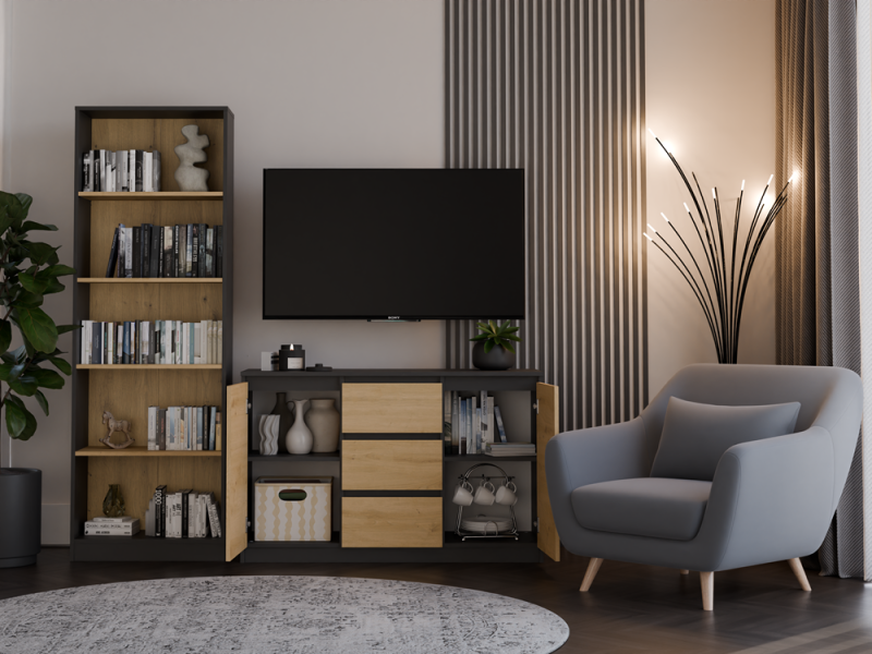 Komoda Malwa 2D3S dwudrzwiowa z 3 szufladami do salonu 120 cm antracyt/dąb artisan