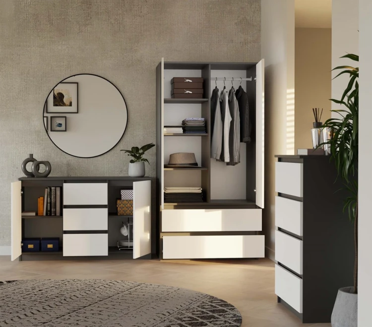 Komoda Malwa 2D3S dwudrzwiowa z 3 szufladami do salonu 120 cm antracyt/biały