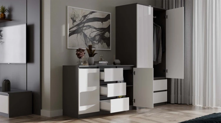 Komoda Malwa 2D3S dwudrzwiowa z 3 szufladami do salonu 120 cm antracyt/biały