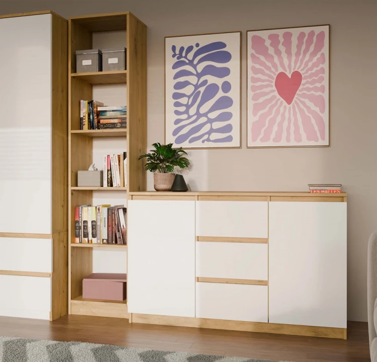 Komoda Malwa 2D3S dwudrzwiowa z 3 szufladami do salonu 120 cm dąb artisan/biały
