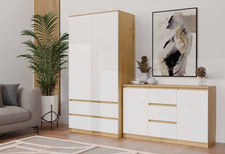 Komoda Malwa 2D3S dwudrzwiowa z 3 szufladami do salonu 120 cm dąb artisan/biały