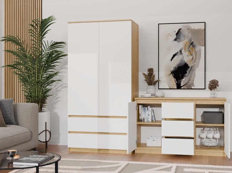 Komoda Malwa 2D3S dwudrzwiowa z 3 szufladami do salonu 120 cm dąb artisan/biały