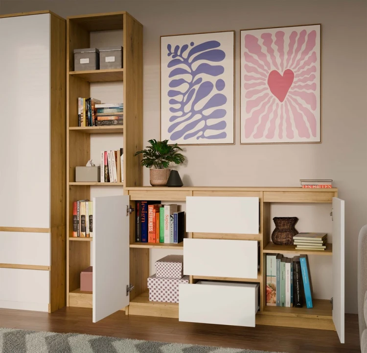 Komoda Malwa 2D3S dwudrzwiowa z 3 szufladami do salonu 120 cm dąb artisan/biały