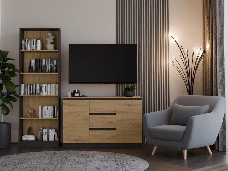 Komoda Malwa 2D3S dwudrzwiowa z 3 szufladami do salonu 120 cm antracyt/dąb artisan/blat dąb artisan