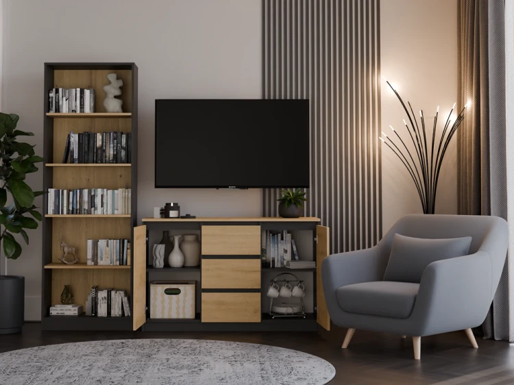 Komoda Malwa 2D3S dwudrzwiowa z 3 szufladami do salonu 120 cm antracyt/dąb artisan/blat dąb artisan