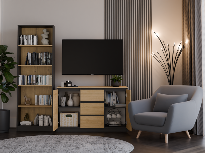 Komoda Malwa 2D3S dwudrzwiowa z 3 szufladami do salonu 120 cm antracyt/dąb artisan/blat dąb artisan