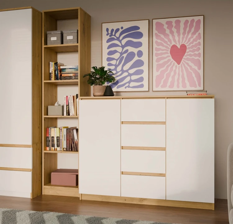 Komoda Malwa 2D4S dwudrzwiowa z 4 szufladami do salonu 120 cm dąb artisan/biały