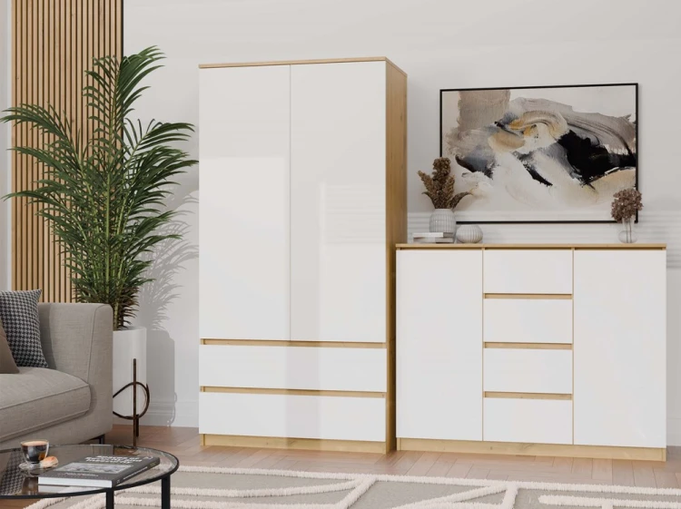 Komoda Malwa 2D4S dwudrzwiowa z 4 szufladami do salonu 120 cm dąb artisan/biały