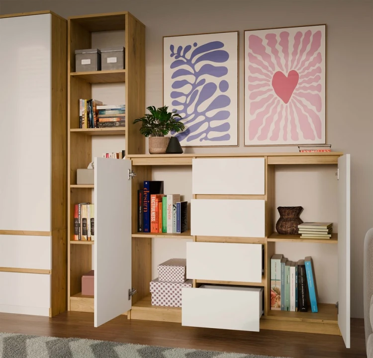 Komoda Malwa 2D4S dwudrzwiowa z 4 szufladami do salonu 120 cm dąb artisan/biały