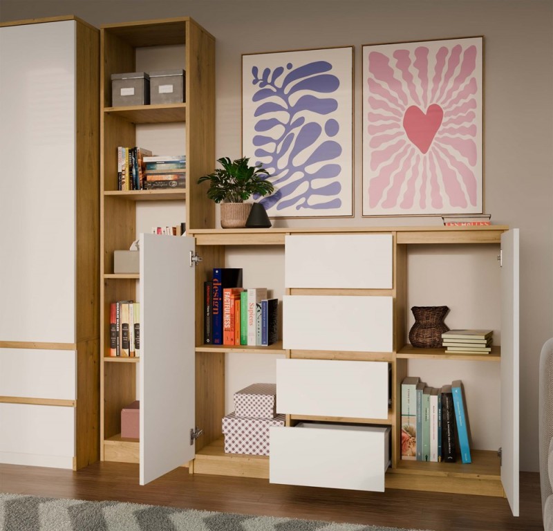 Komoda Malwa 2D4S dwudrzwiowa z 4 szufladami do salonu 120 cm dąb artisan/biały
