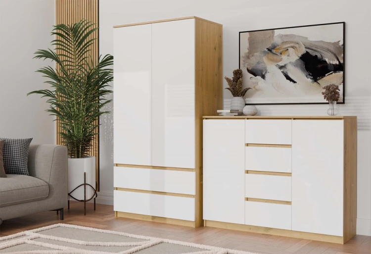 Komoda Malwa 2D4S dwudrzwiowa z 4 szufladami do salonu 120 cm dąb artisan/biały