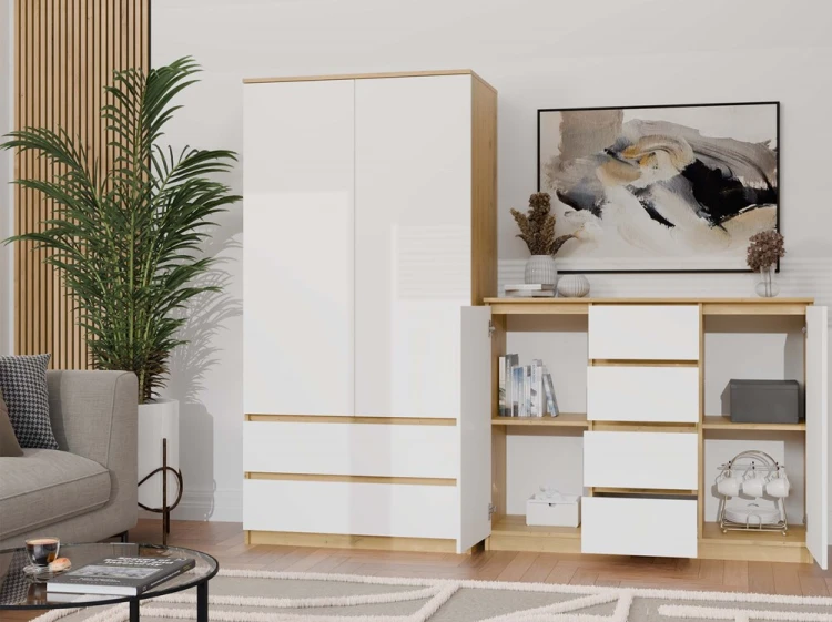 Komoda Malwa 2D4S dwudrzwiowa z 4 szufladami do salonu 120 cm dąb artisan/biały