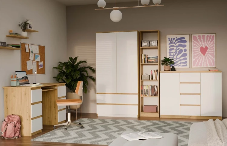 Komoda Malwa 2D4S dwudrzwiowa z 4 szufladami do salonu 120 cm dąb artisan/biały