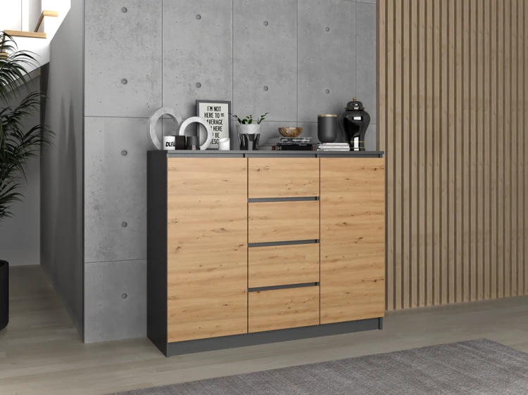 Komoda Malwa 2D4S dwudrzwiowa z 4 szufladami do salonu 120 cm antracyt/dąb artisan