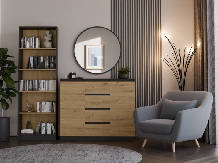 Komoda Malwa 2D4S dwudrzwiowa z 4 szufladami do salonu 120 cm antracyt/dąb artisan