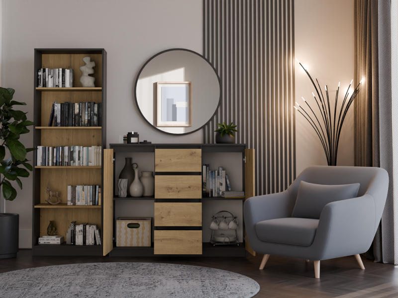 Komoda Malwa 2D4S dwudrzwiowa z 4 szufladami do salonu 120 cm antracyt/dąb artisan