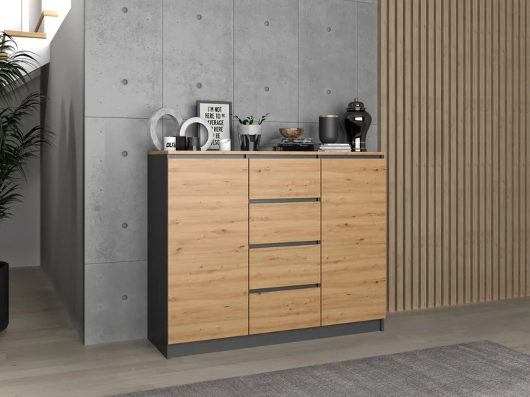 Komoda Malwa 2D4S dwudrzwiowa z 4 szufladami do salonu 120 cm antracyt/dąb artisan/blat dąb artisan