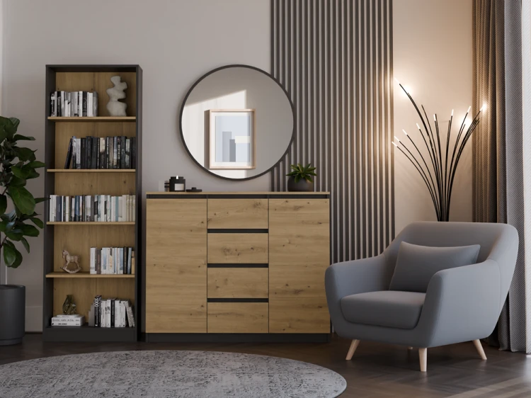 Komoda Malwa 2D4S dwudrzwiowa z 4 szufladami do salonu 120 cm antracyt/dąb artisan/blat dąb artisan