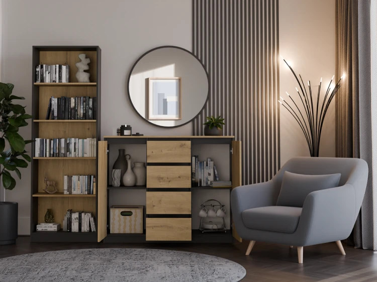Komoda Malwa 2D4S dwudrzwiowa z 4 szufladami do salonu 120 cm antracyt/dąb artisan/blat dąb artisan
