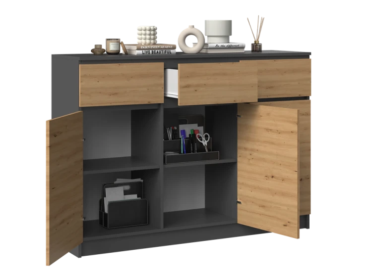 Komoda Malwa 3D3S trzydrzwiowa z 3 szufladami do salonu 120 cm antracyt/dąb artisan