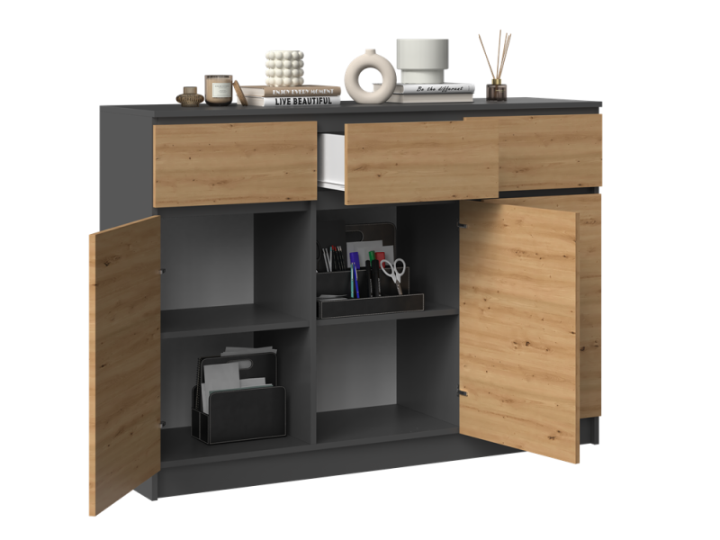 Komoda Malwa 3D3S trzydrzwiowa z 3 szufladami do salonu 120 cm antracyt/dąb artisan