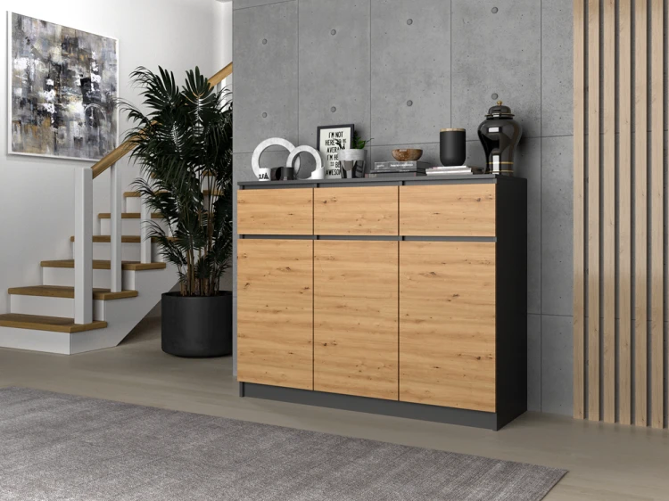 Komoda Malwa 3D3S trzydrzwiowa z 3 szufladami do salonu 120 cm antracyt/dąb artisan