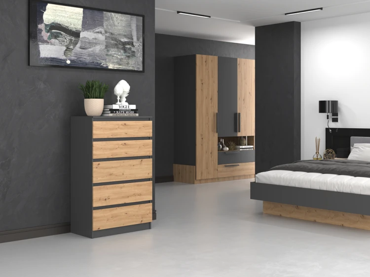 Komoda Malwa M5 z szufladami do salonu 70 cm antracyt/dąb artisan