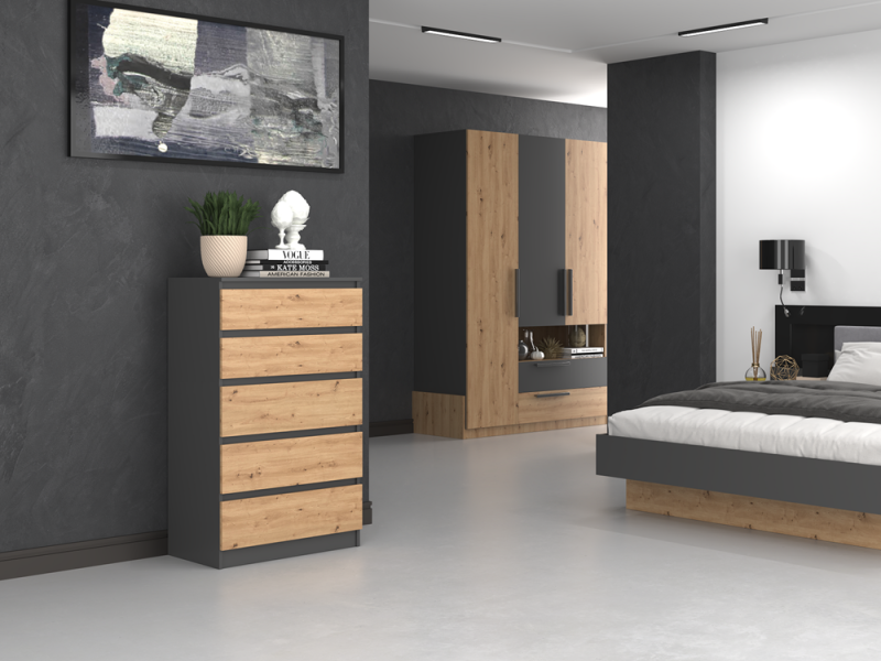 Komoda Malwa M5 z szufladami do salonu 70 cm antracyt/dąb artisan
