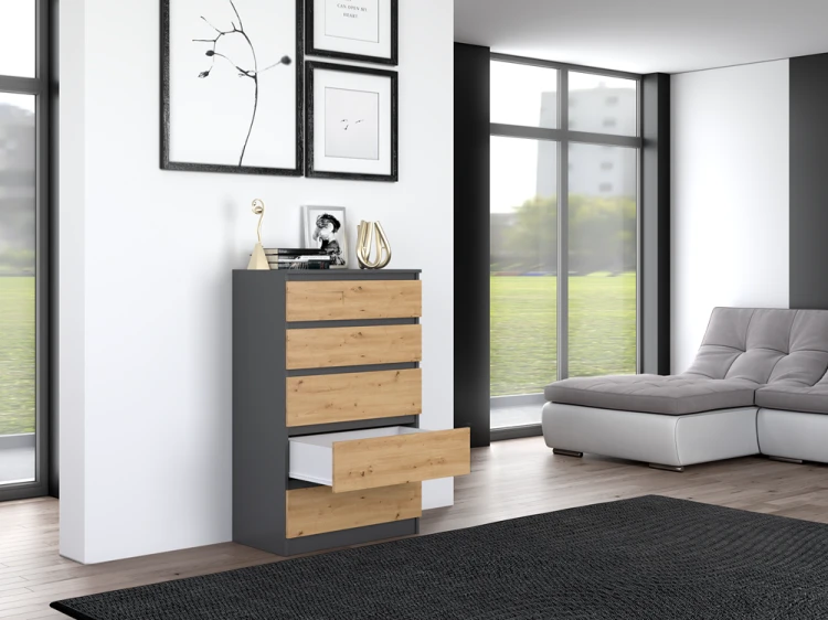 Komoda Malwa M5 z szufladami do salonu 70 cm antracyt/dąb artisan