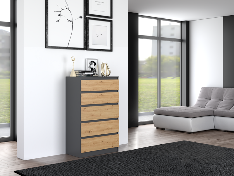 Komoda Malwa M5 z szufladami do salonu 70 cm antracyt/dąb artisan