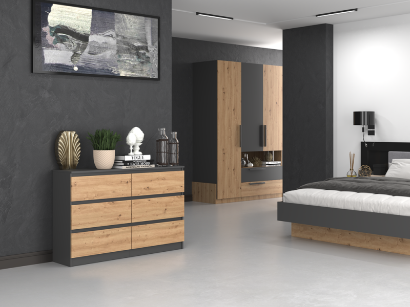 Komoda Malwa M6 120 cm z szufladami do salonu antracyt/dąb artisan