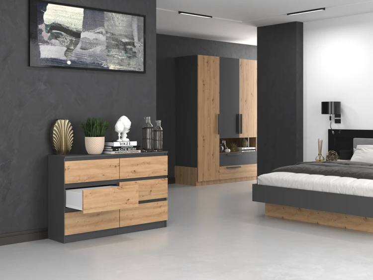 Komoda Malwa M6 120 cm z szufladami do salonu antracyt/dąb artisan
