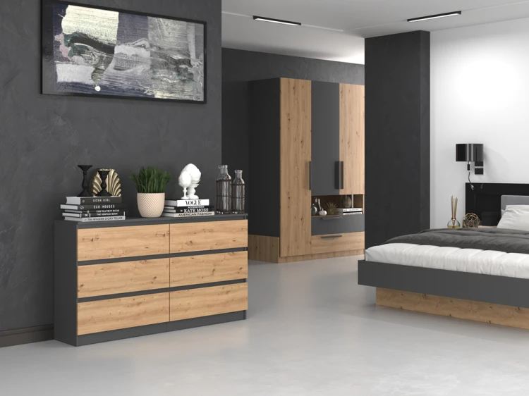 Komoda Malwa M6 140 cm z szufladami do salonu antracyt/dąb artisan