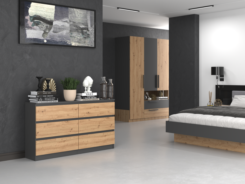 Komoda Malwa M6 140 cm z szufladami do salonu antracyt/dąb artisan