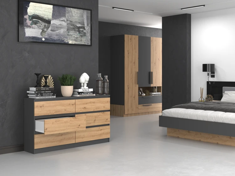 Komoda Malwa M6 140 cm z szufladami do salonu antracyt/dąb artisan
