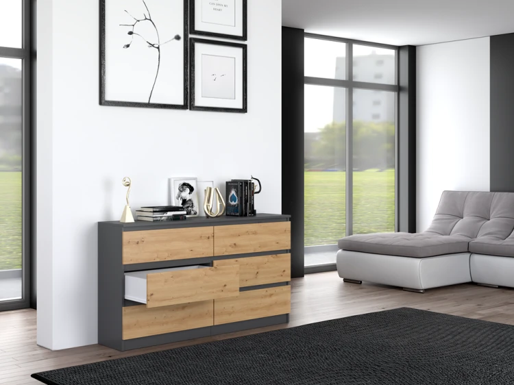 Komoda Malwa M6 140 cm z szufladami do salonu antracyt/dąb artisan