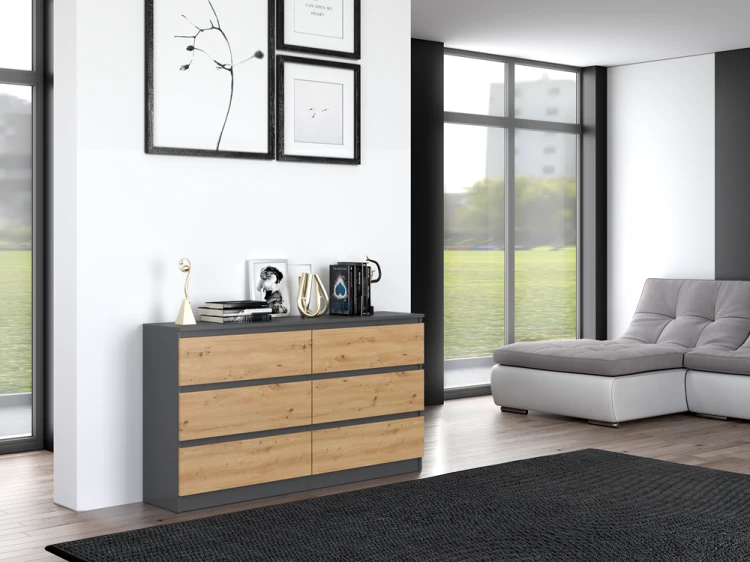 Komoda Malwa M6 140 cm z szufladami do salonu antracyt/dąb artisan