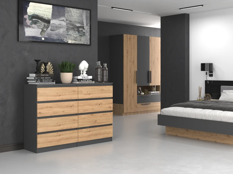Komoda Malwa M8 140 cm z szufladami do salonu antracyt/dąb artisan